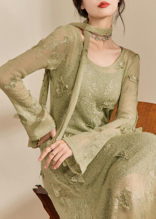Stylish Light Green O-neck Butterfly Knit Long Dress Fall Om001