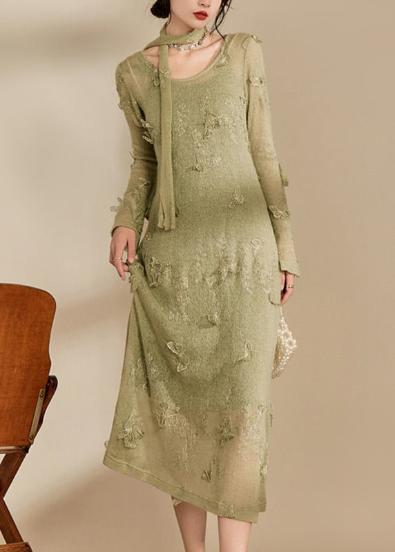 Stylish Light Green O-neck Butterfly Knit Long Dress Fall Om001