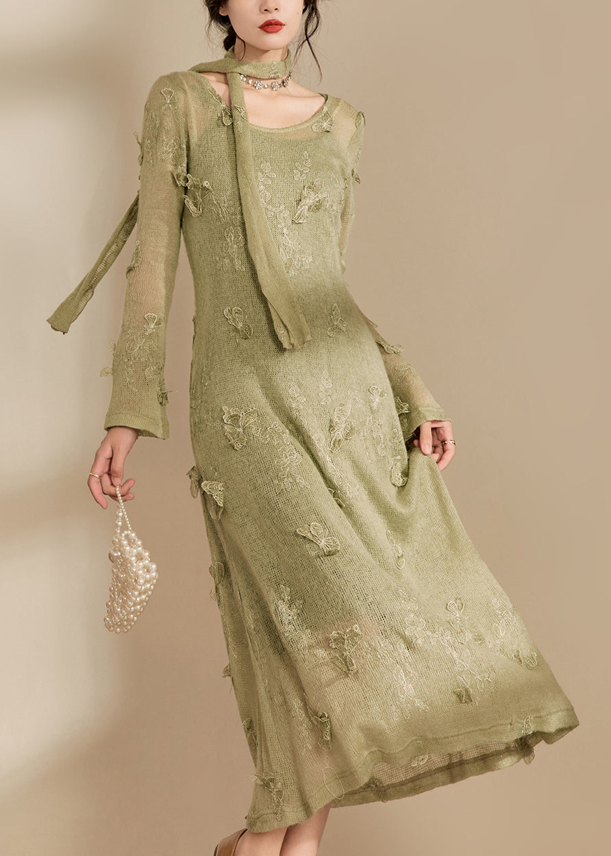 Stylish Light Green O-neck Butterfly Knit Long Dress Fall Om001