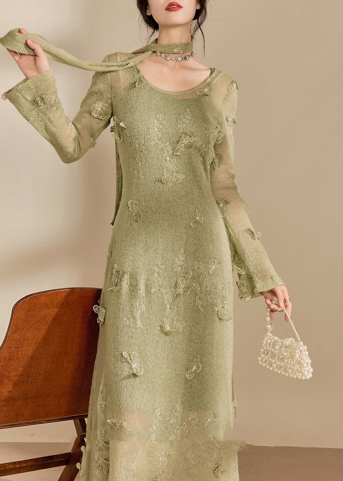 Stylish Light Green O-neck Butterfly Knit Long Dress Fall Om001