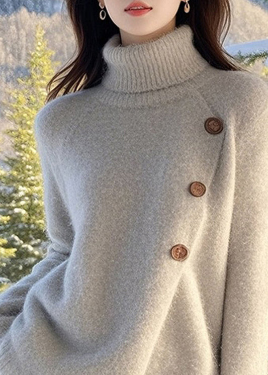 Stylish Light Grey Turtleneck Asymmetrical Cozy Cotton Knit Sweater Spring To035