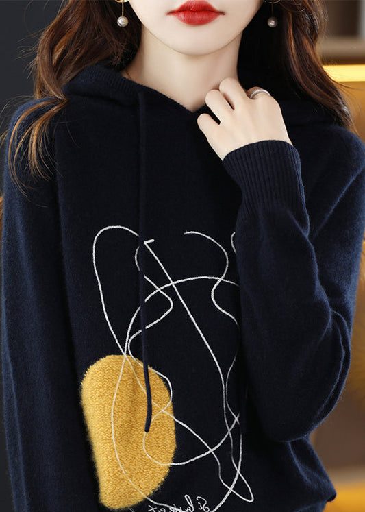 Stylish Navy Print Wool Knit Hooded Sweater Fall Qt014