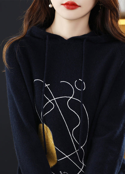 Stylish Navy Print Wool Knit Hooded Sweater Fall Qt014