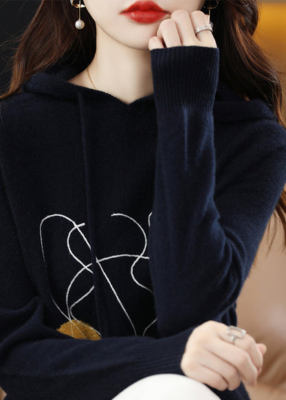 Stylish Navy Print Wool Knit Hooded Sweater Fall Qt014