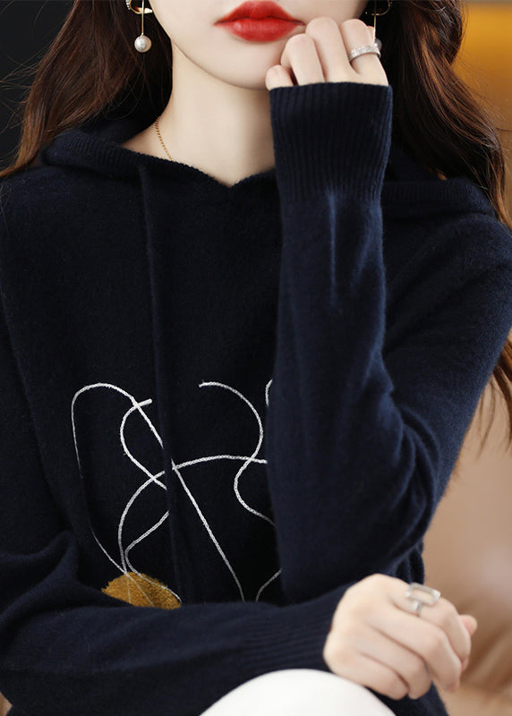 Stylish Navy Print Wool Knit Hooded Sweater Fall Qt014