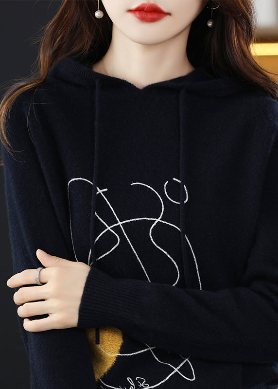 Stylish Navy Print Wool Knit Hooded Sweater Fall Qt014