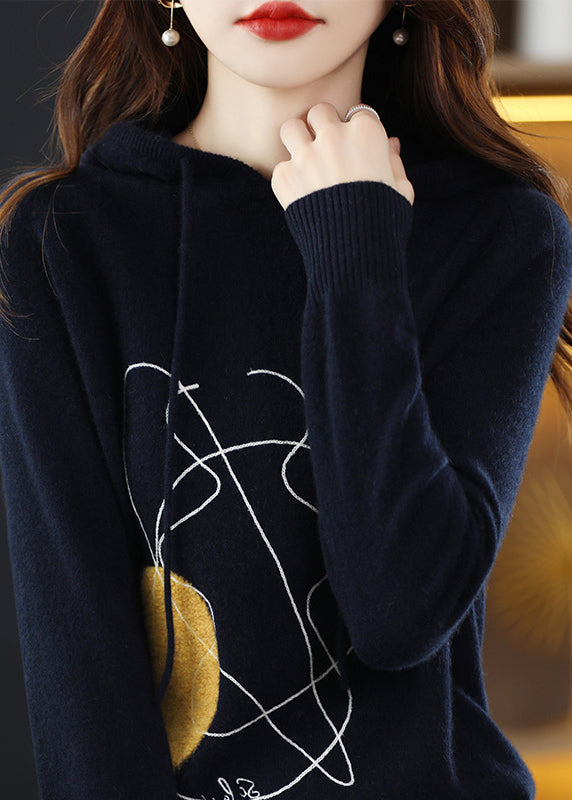Stylish Navy Print Wool Knit Hooded Sweater Fall Qt014