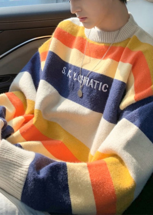 Stylish Navy Striped Embroideried Knit Sweater Fall Qh030