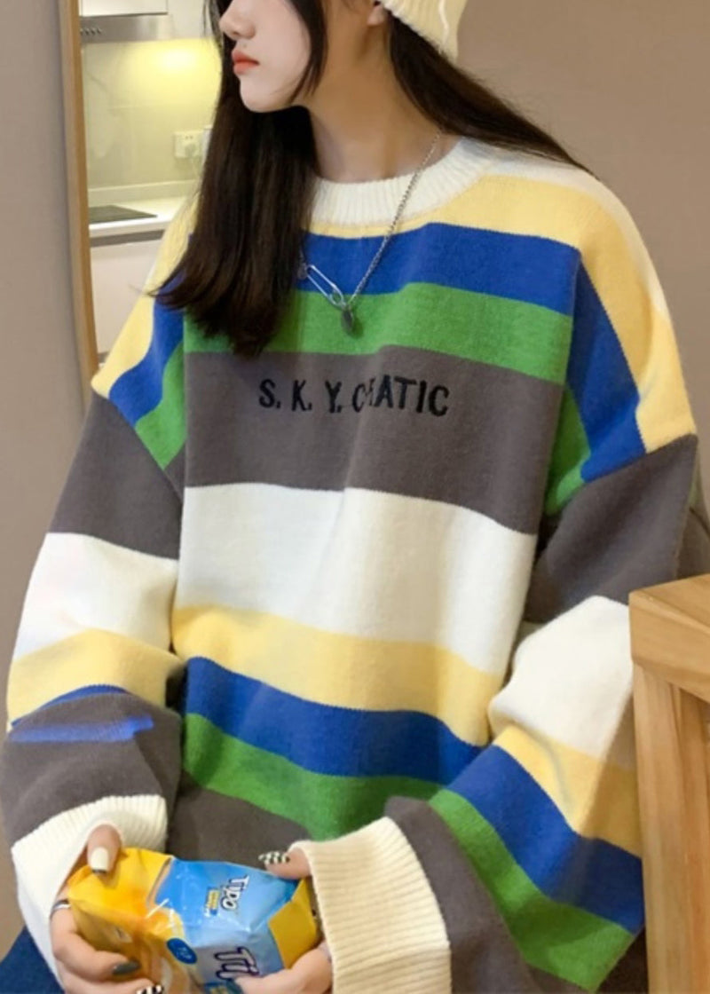 Stylish Navy Striped Embroideried Knit Sweater Fall Qh030