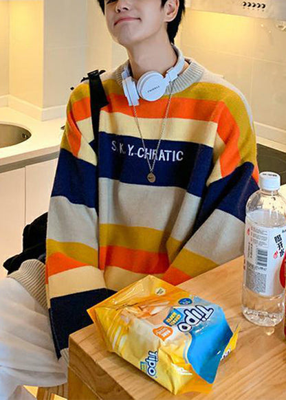 Stylish Navy Striped Embroideried Knit Sweater Fall Qh030