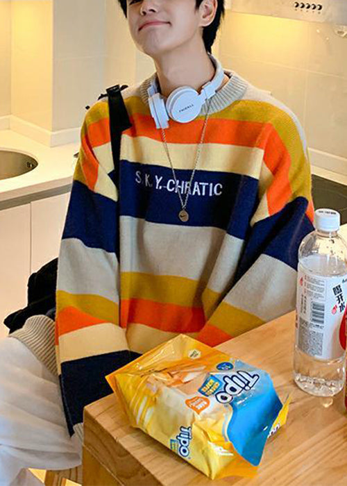 Stylish Navy Striped Embroideried Knit Sweater Fall Qh030