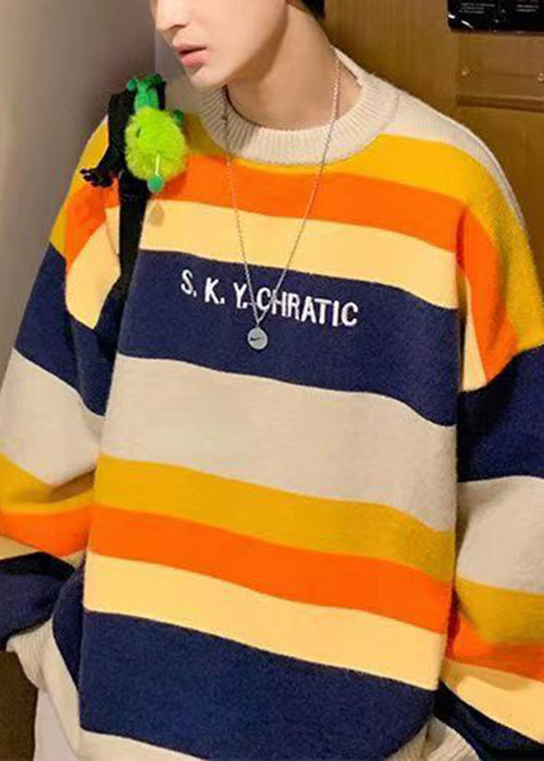 Stylish Navy Striped Embroideried Knit Sweater Fall Qh030