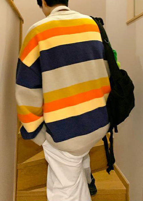 Stylish Navy Striped Embroideried Knit Sweater Fall Qh030