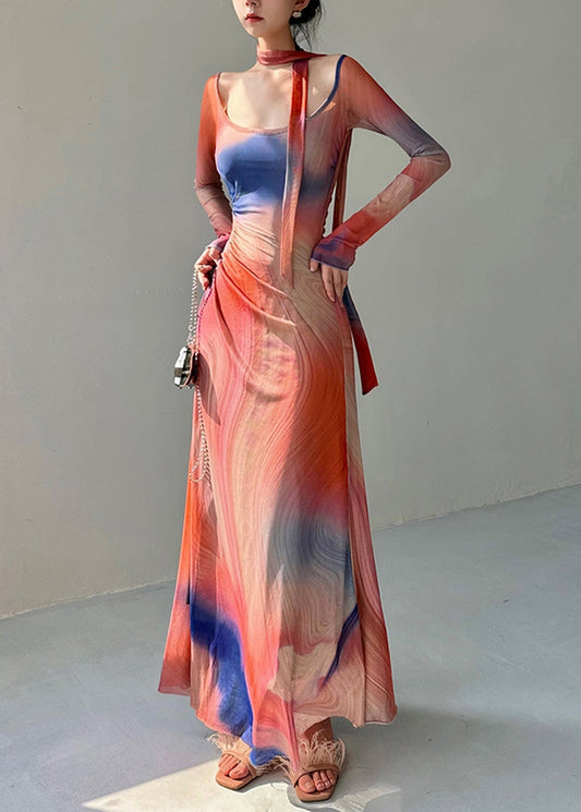 Stylish O Neck Print Slim Fit Tulle Long Dresses Fall Al1069