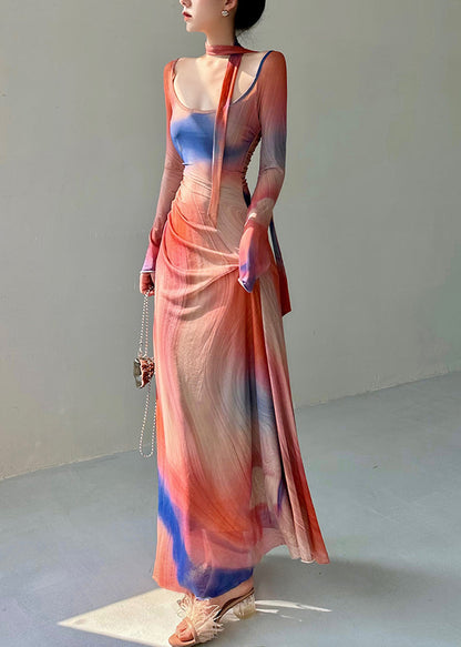 Stylish O Neck Print Slim Fit Tulle Long Dresses Fall Al1069