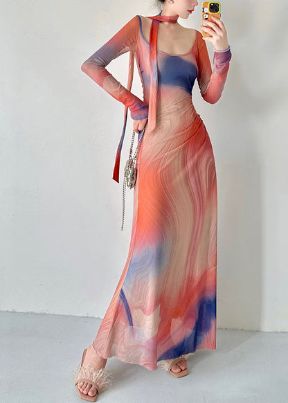 Stylish O Neck Print Slim Fit Tulle Long Dresses Fall Al1069