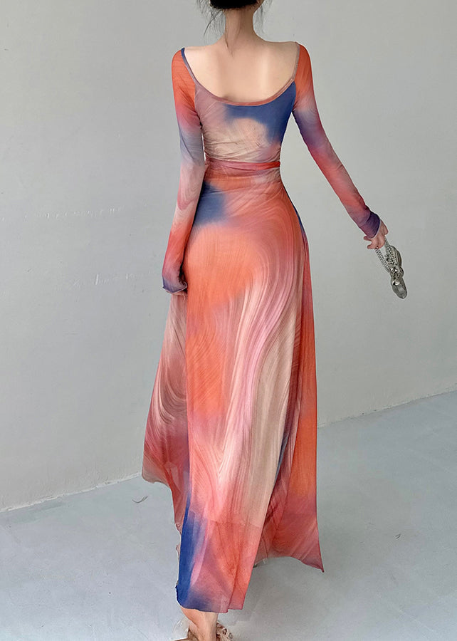 Stylish O Neck Print Slim Fit Tulle Long Dresses Fall Al1069