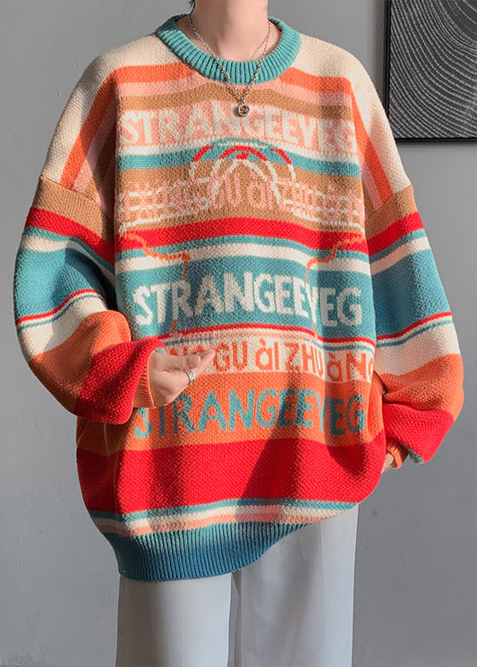 Stylish Orange O Neck Striped Knit Sweaters Winter Rc032