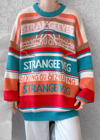 Stylish Orange O Neck Striped Knit Sweaters Winter Rc032