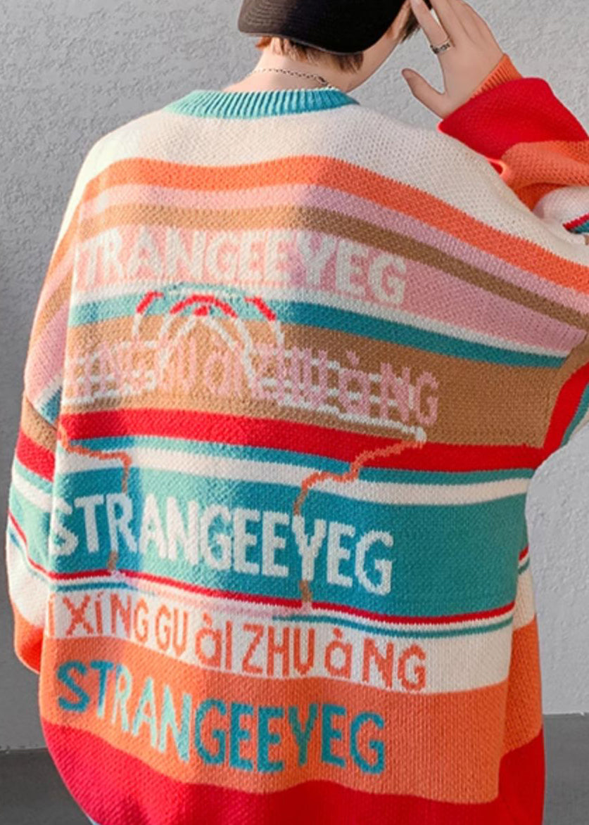 Stylish Orange O Neck Striped Knit Sweaters Winter Rc032