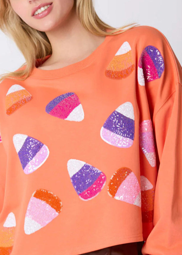 Stylish Orange Sequins Patchwork Cotton Sweatshirt Fall Ae1033