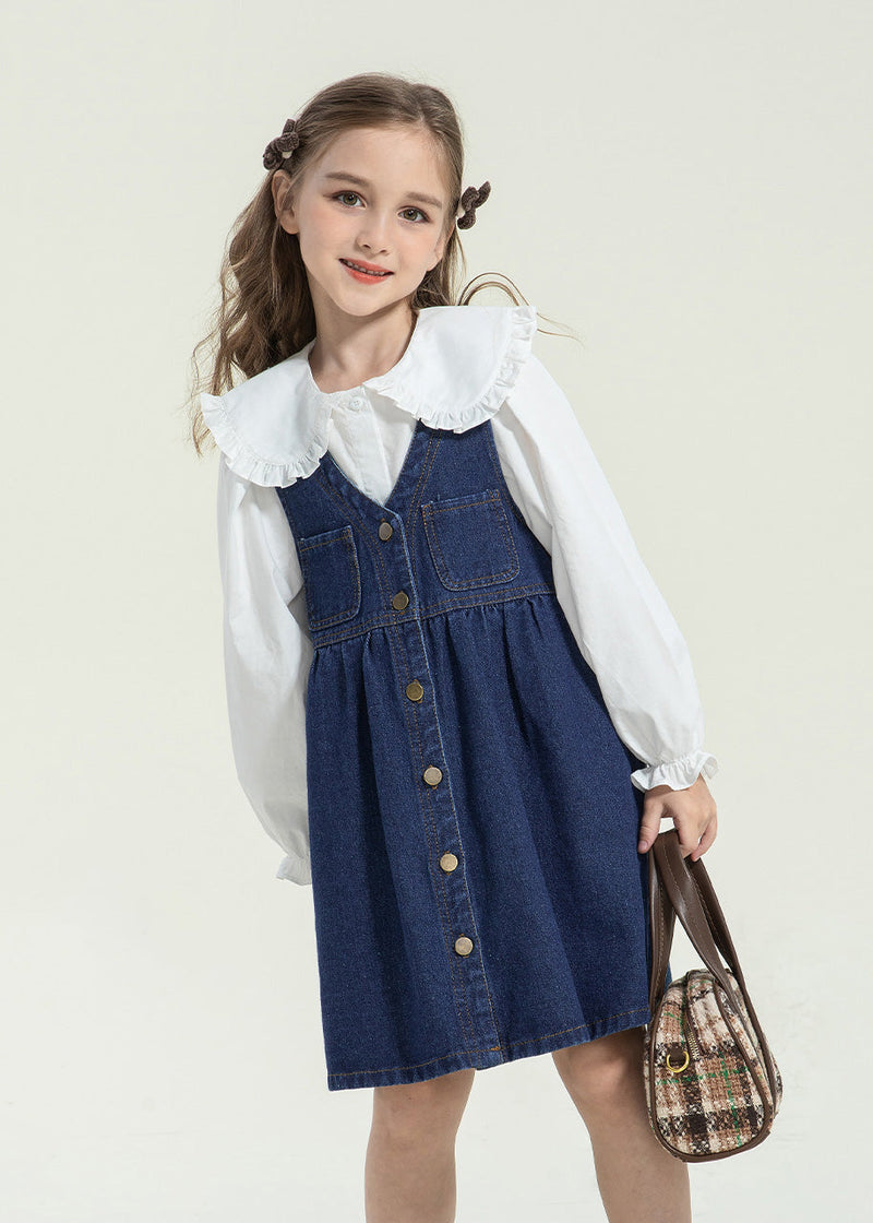 Stylish Peter Pan Collar Button Kids Long Dress and Shirts Two Pieces Set Spring Tg013