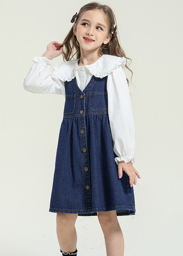 Stylish Peter Pan Collar Button Kids Long Dress and Shirts Two Pieces Set Spring Tg013