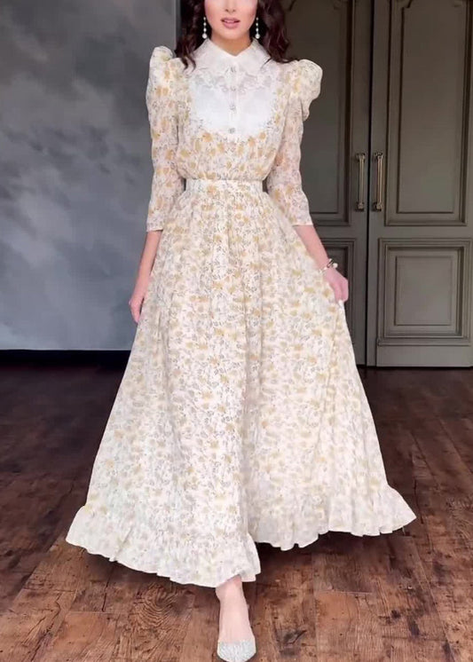 Stylish Peter Pan Collar Print Patchwork Cotton Long Dress Fall Ql029