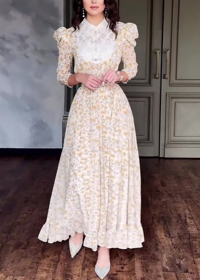 Stylish Peter Pan Collar Print Patchwork Cotton Long Dress Fall Ql029