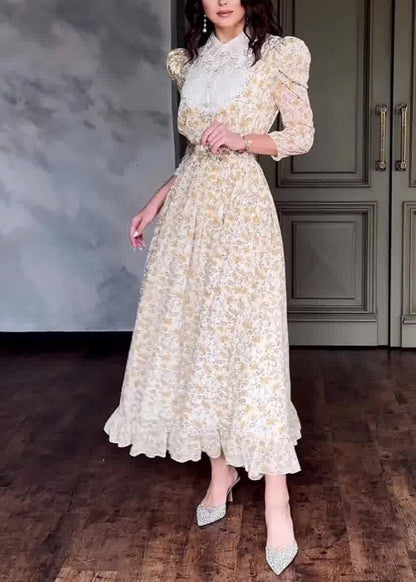 Stylish Peter Pan Collar Print Patchwork Cotton Long Dress Fall Ql029