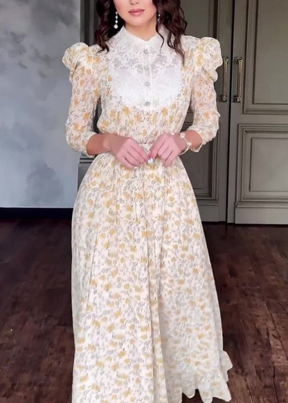 Stylish Peter Pan Collar Print Patchwork Cotton Long Dress Fall Ql029