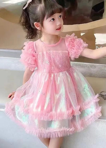 Stylish Pink Sequins Flattering Tulle Long Dresses Short Sleeve Ew021