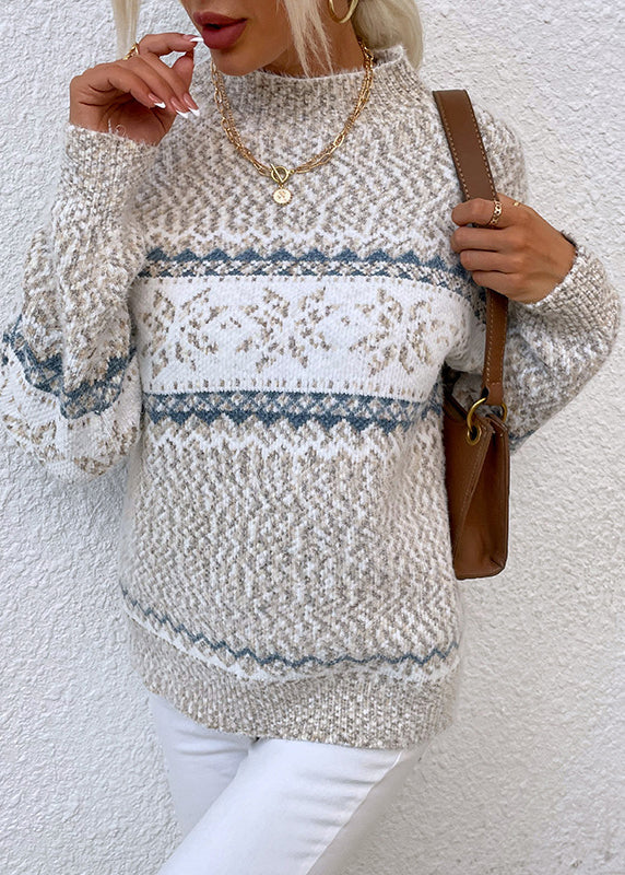 Stylish Pink Half Hign Neck Jacquard Thick Knit Sweaters Fall Qy014