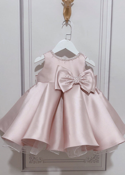 Stylish Pink O-neck Bow Nail Bead Silk Kids Long Dress Summer Ys020