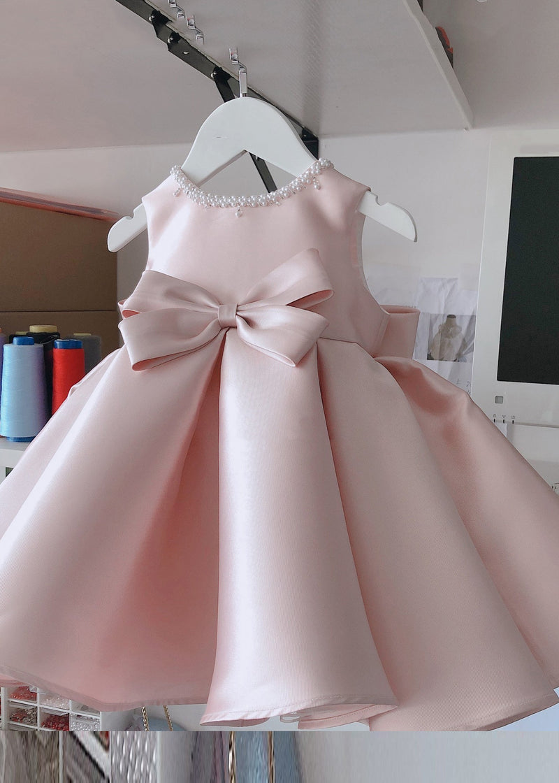 Stylish Pink O-neck Bow Nail Bead Silk Kids Long Dress Summer Ys020
