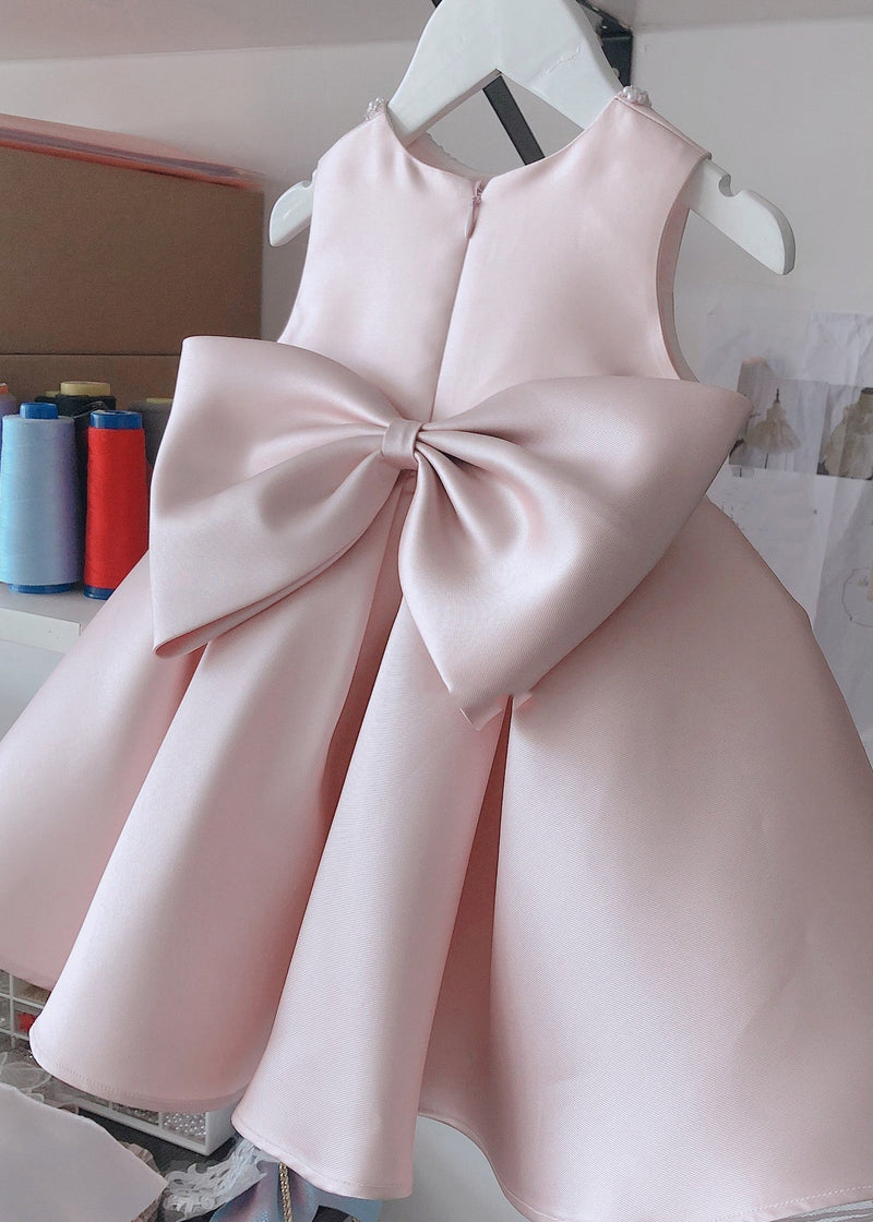 Stylish Pink O-neck Bow Nail Bead Silk Kids Long Dress Summer Ys020