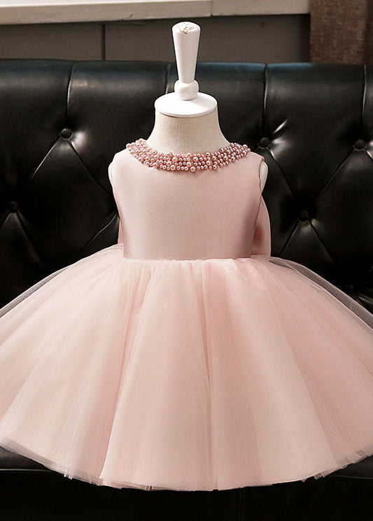 Stylish Pink Pearl Patchwork Bow Tulle Maxi Dresses Summer Ys005
