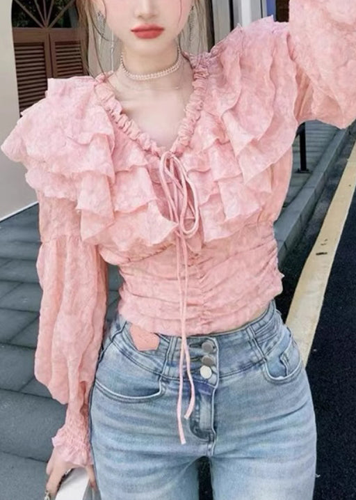 Stylish Pink Ruffled Lace Up Chiffon Blouses Long Sleeve Ab1056