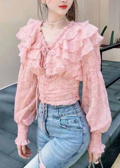 Stylish Pink Ruffled Lace Up Chiffon Blouses Long Sleeve Ab1056