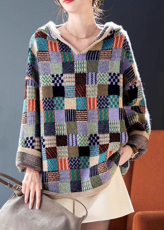 Stylish Plaid Hooded Patchwork Knit Sweater Spring Tf042