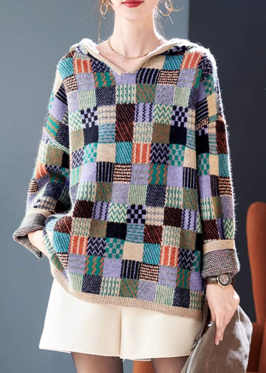 Stylish Plaid Hooded Patchwork Knit Sweater Spring Tf042