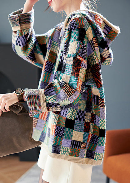 Stylish Plaid Hooded Patchwork Knit Sweater Spring Tf042