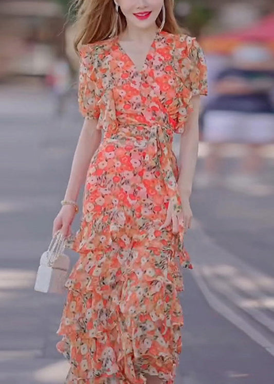 Stylish Print Ruffled Tie Waist Chiffon Long Dresses Summer Xx010