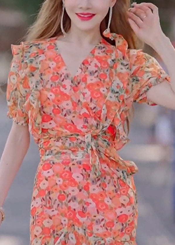 Stylish Print Ruffled Tie Waist Chiffon Long Dresses Summer Xx010