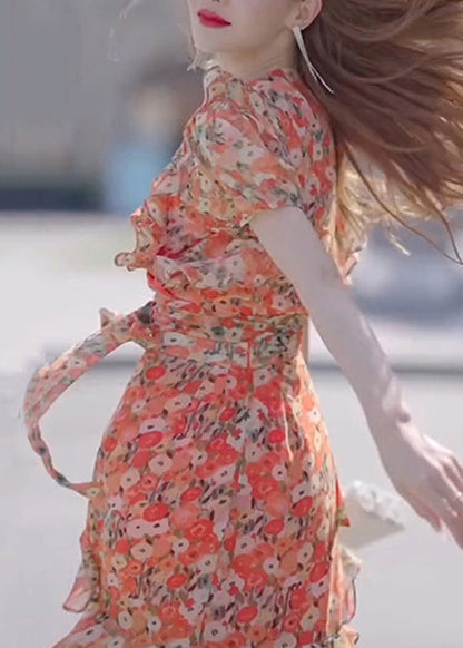 Stylish Print Ruffled Tie Waist Chiffon Long Dresses Summer Xx010
