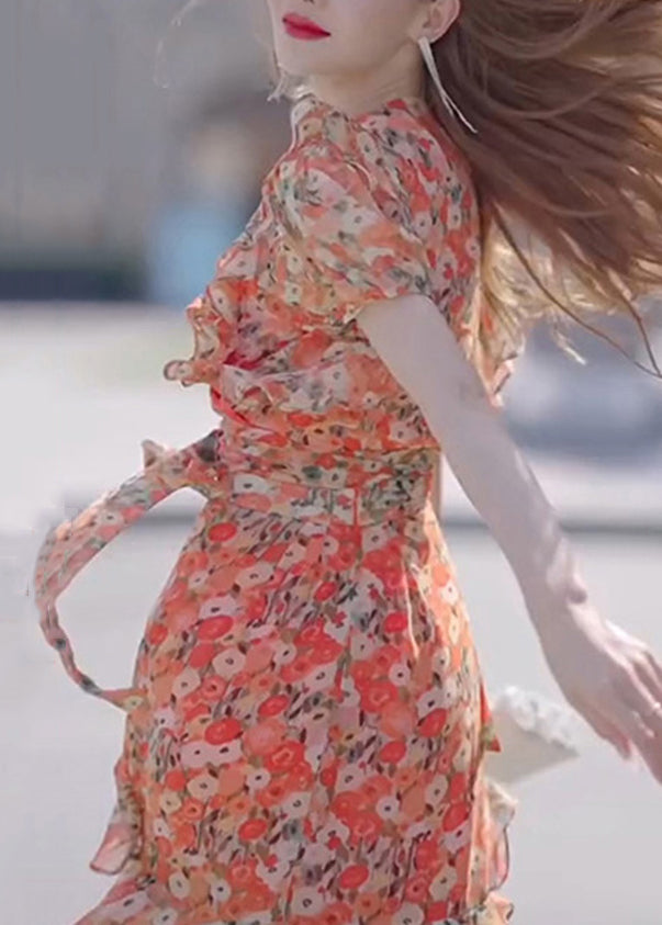 Stylish Print Ruffled Tie Waist Chiffon Long Dresses Summer Xx010