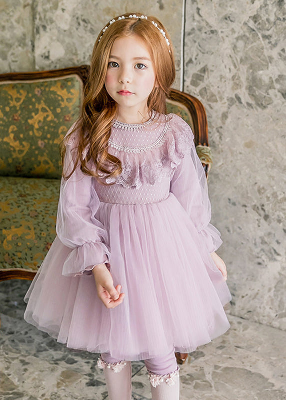 Stylish Purple O-neck Patchwork Tulle Maxi Dresses Lantern Sleeve Ye022