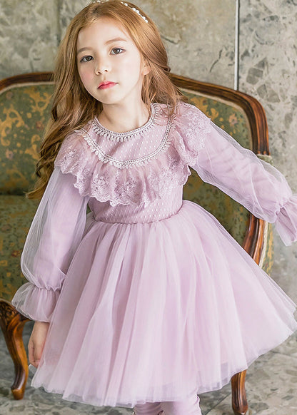 Stylish Purple O-neck Patchwork Tulle Maxi Dresses Lantern Sleeve Ye022