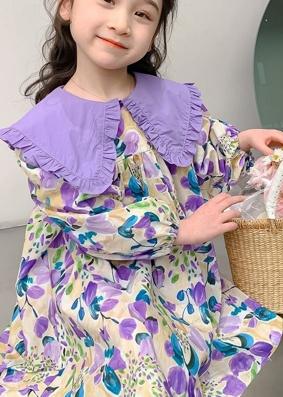 Stylish Purple Peter Pan Collar Print Long Dresses Long Sleeve Ss1058