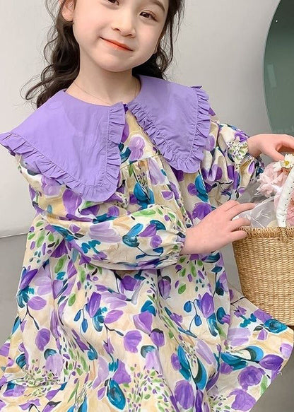 Stylish Purple Peter Pan Collar Print Long Dresses Long Sleeve Ss1058